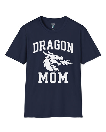 Dragon Mom shirt in navy with bold collegiate lettering and a minimalist dragon breathing fire emblem