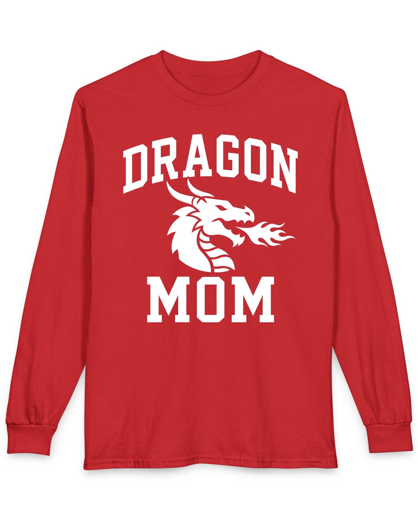Dragon Mom shirt in red with bold collegiate lettering and a minimalist dragon breathing fire emblem