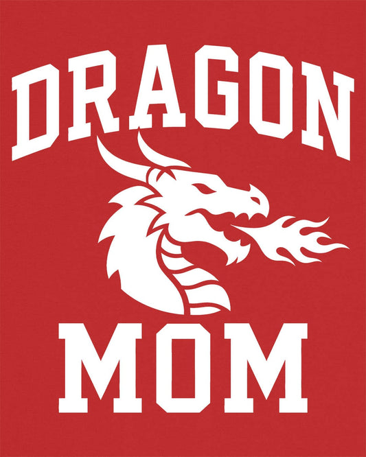 Dragon Mom shirt in red with bold collegiate lettering and a minimalist dragon breathing fire emblem