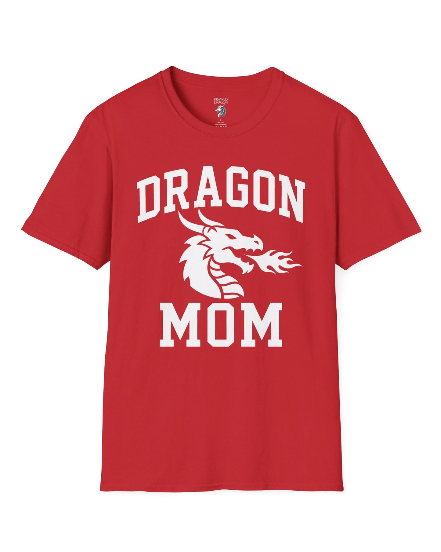 Dragon Mom shirt in red with bold collegiate lettering and a minimalist dragon breathing fire emblem
