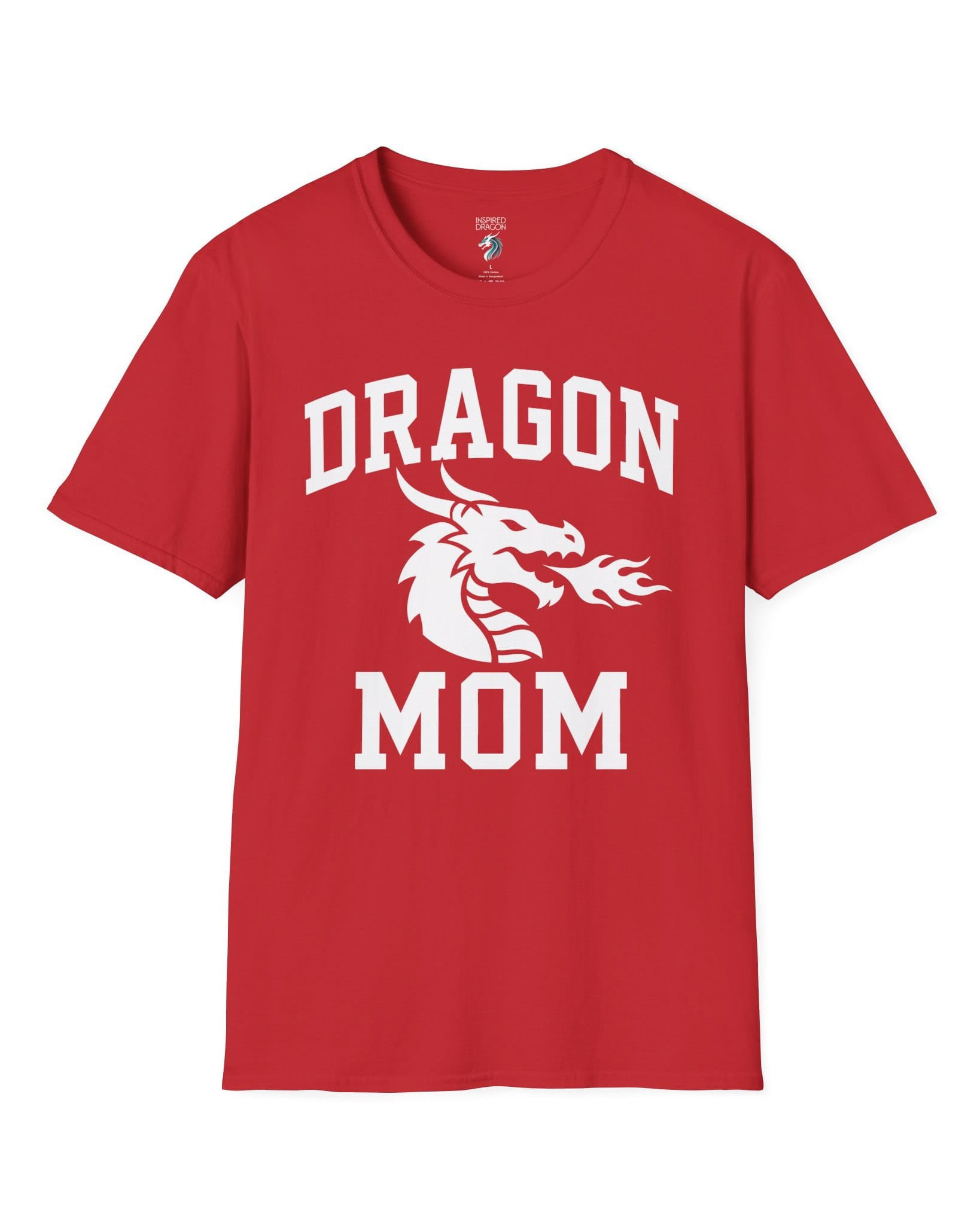 Dragon Mom shirt in red with bold collegiate lettering and a minimalist dragon breathing fire emblem