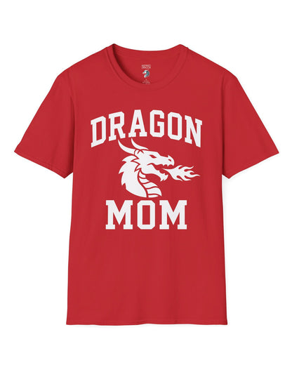 Dragon Mom shirt in red with bold collegiate lettering and a minimalist dragon breathing fire emblem