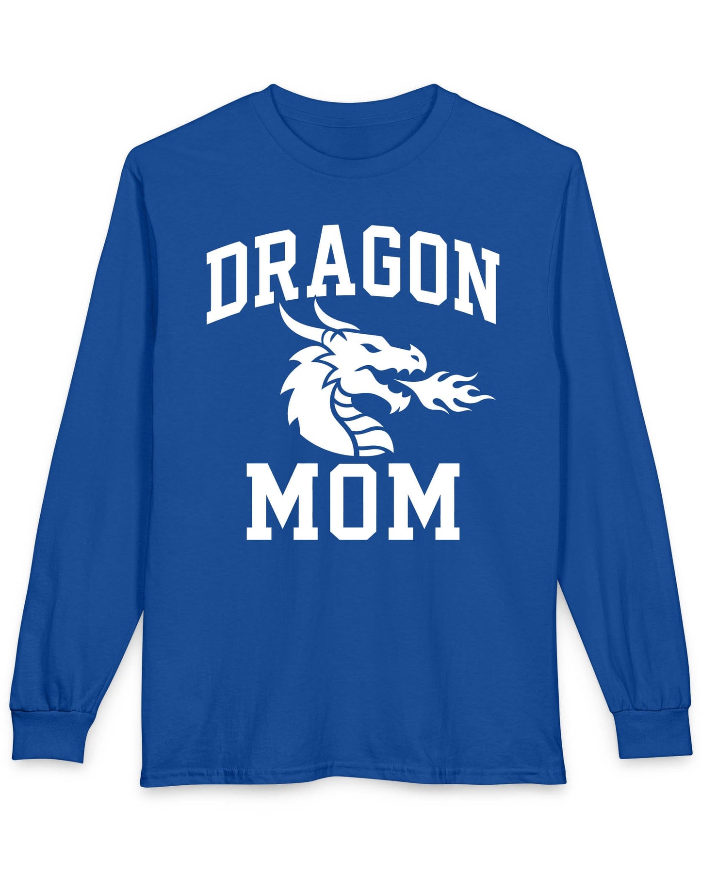 Dragon Mom shirt in royal blue with bold collegiate lettering and a minimalist dragon breathing fire emblem