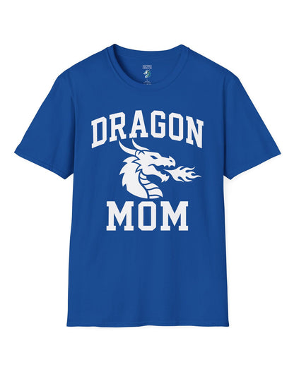 Dragon Mom shirt in royal blue with bold collegiate lettering and a minimalist dragon breathing fire emblem