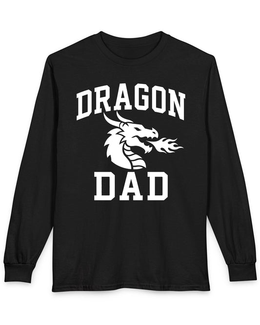 Dragon Dad shirt in black with bold collegiate lettering and a minimalist dragon breathing fire emblem
