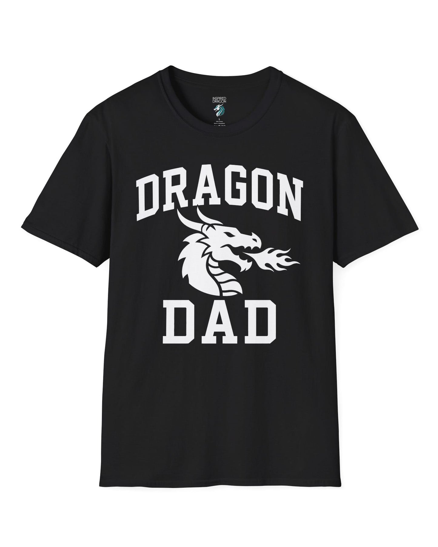 Dragon Dad shirt in black with bold collegiate lettering and a minimalist dragon breathing fire emblem