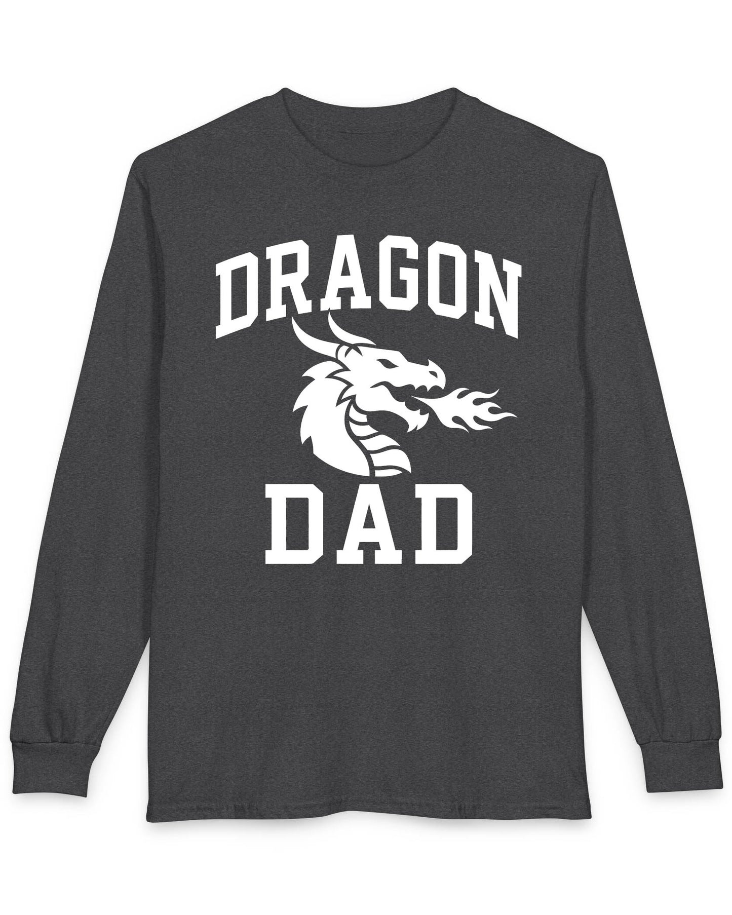 Dragon Dad shirt in dark heather with bold collegiate lettering and a minimalist dragon breathing fire emblem