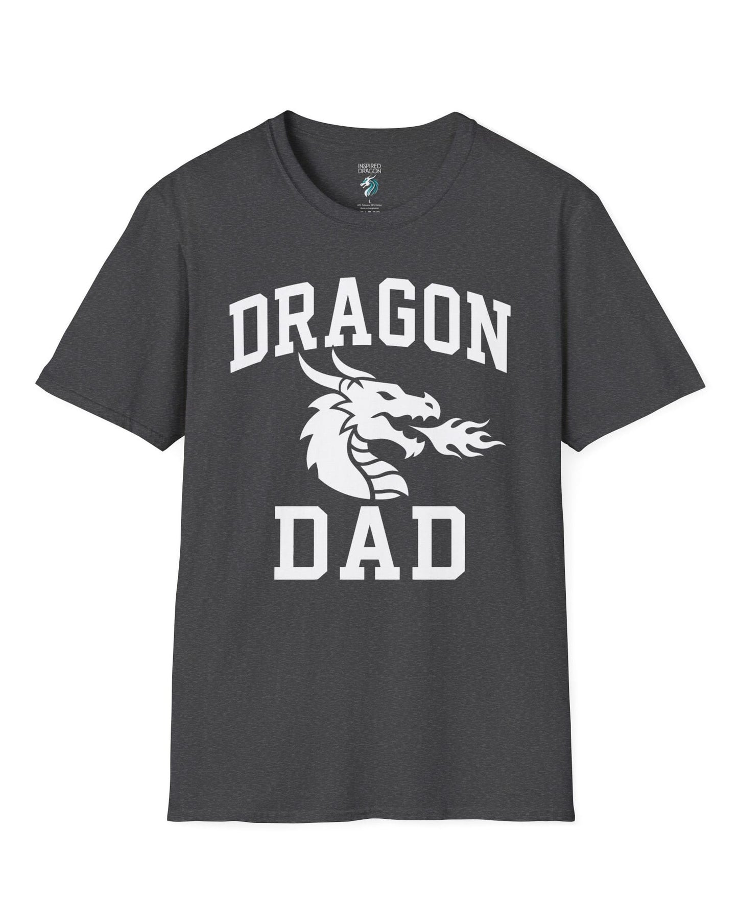Dragon Dad shirt in dark heather with bold collegiate lettering and a minimalist dragon breathing fire emblem