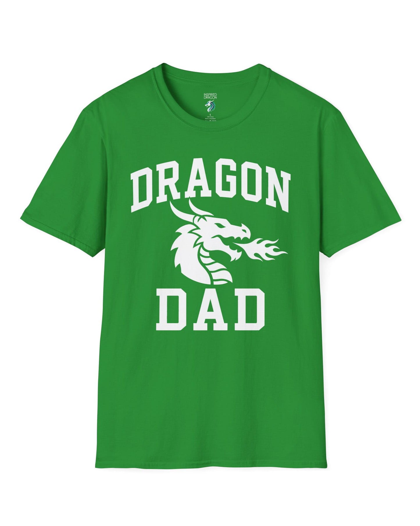 Dragon Dad shirt in Irish green with bold collegiate lettering and a minimalist dragon breathing fire emblem