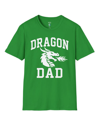 Dragon Dad shirt in Irish green with bold collegiate lettering and a minimalist dragon breathing fire emblem