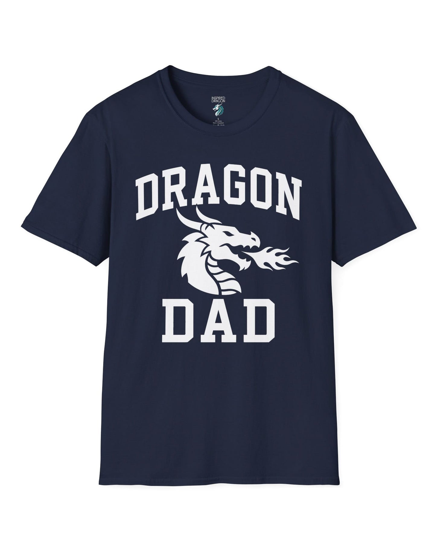 Dragon Dad shirt in navy with bold collegiate lettering and a minimalist dragon breathing fire emblem