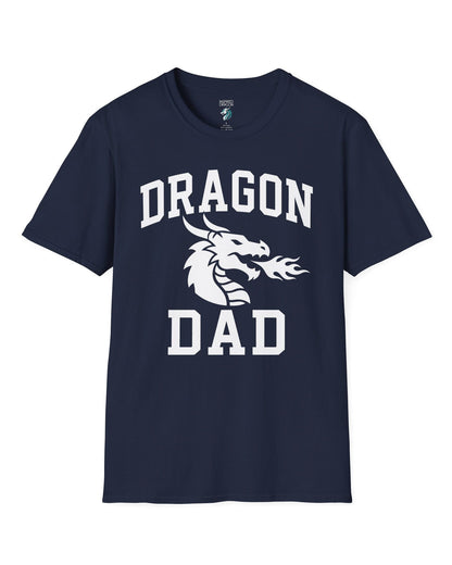Dragon Dad shirt in navy with bold collegiate lettering and a minimalist dragon breathing fire emblem