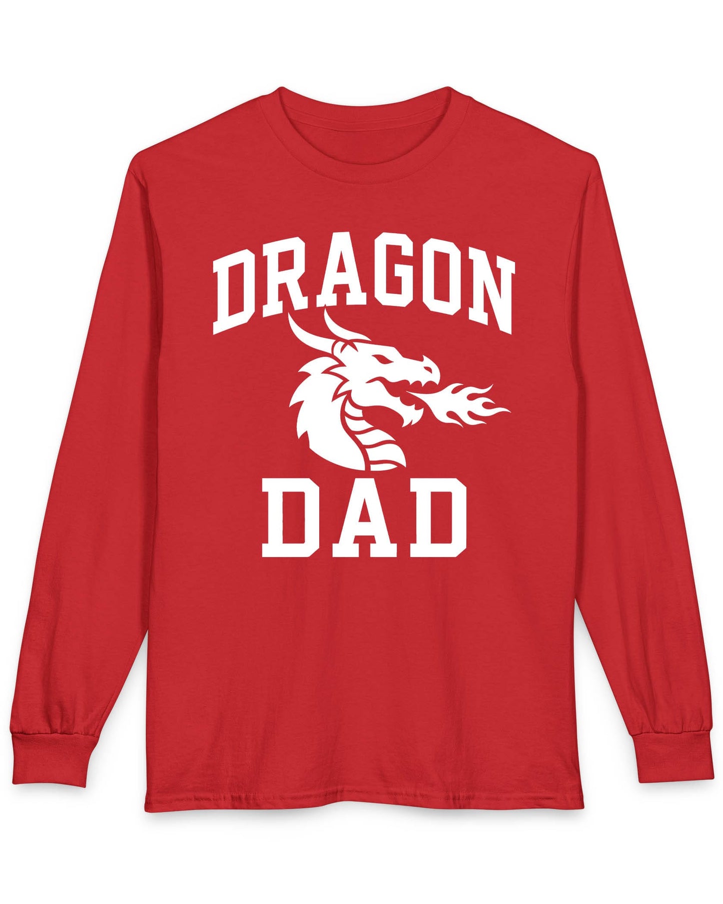 Dragon Dad shirt in red with bold collegiate lettering and a minimalist dragon breathing fire emblem
