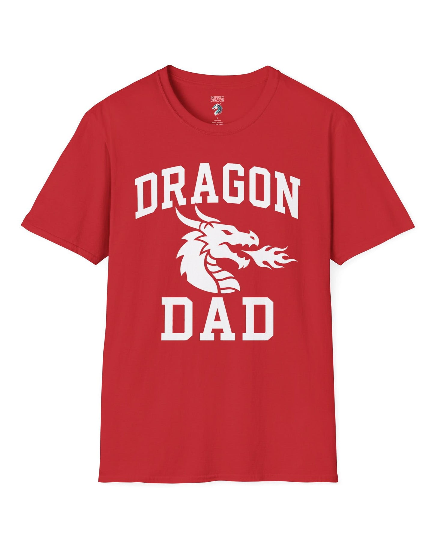 Dragon Dad shirt in red with bold collegiate lettering and a minimalist dragon breathing fire emblem