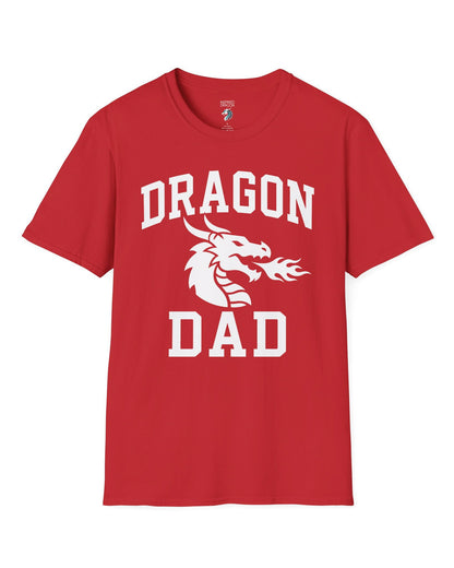 Dragon Dad shirt in red with bold collegiate lettering and a minimalist dragon breathing fire emblem