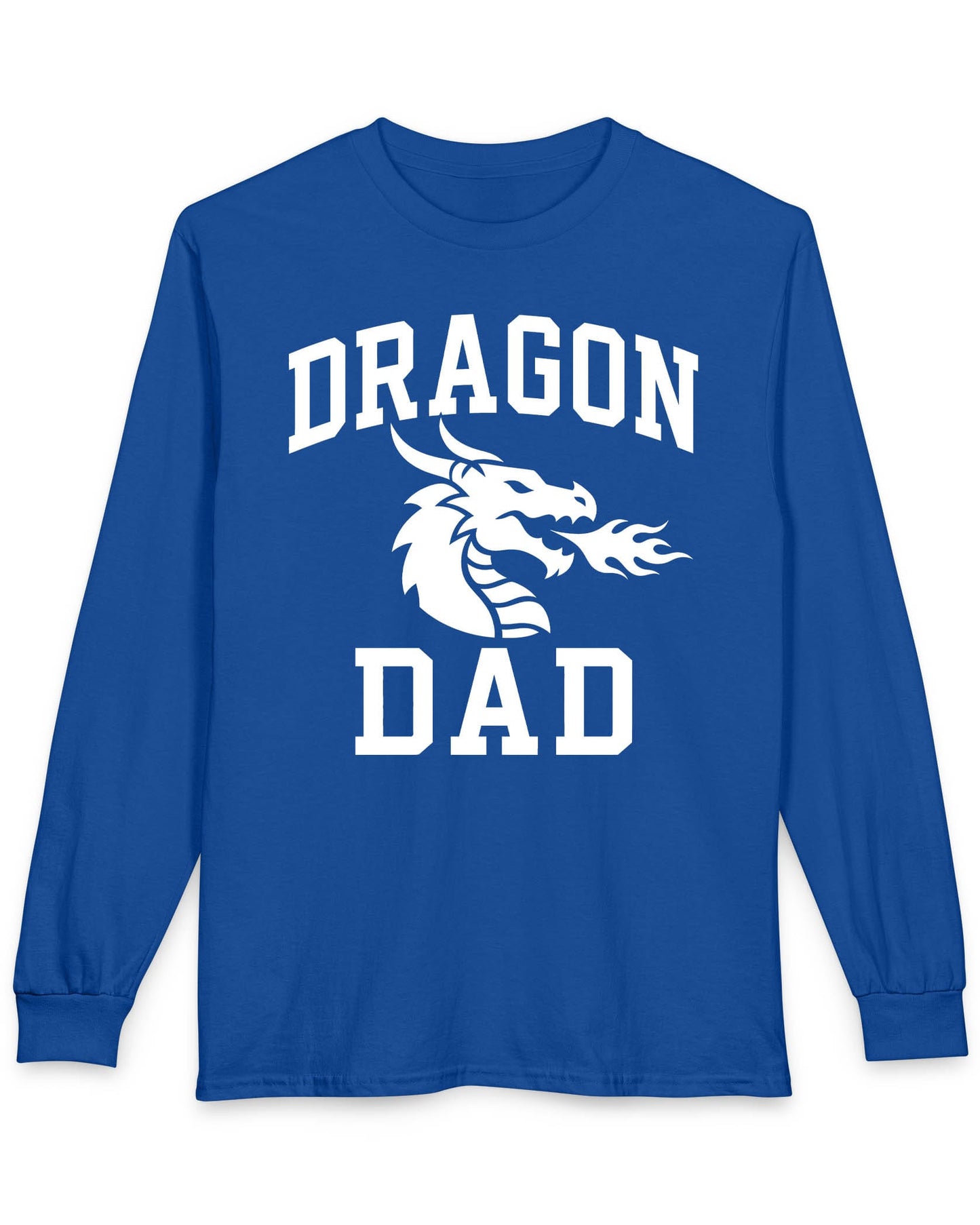 Dragon Dad shirt in royal blue with bold collegiate lettering and a minimalist dragon breathing fire emblem