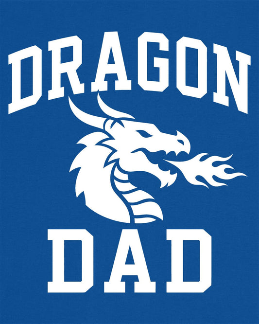 Dragon Dad shirt in royal blue with bold collegiate lettering and a minimalist dragon breathing fire emblem