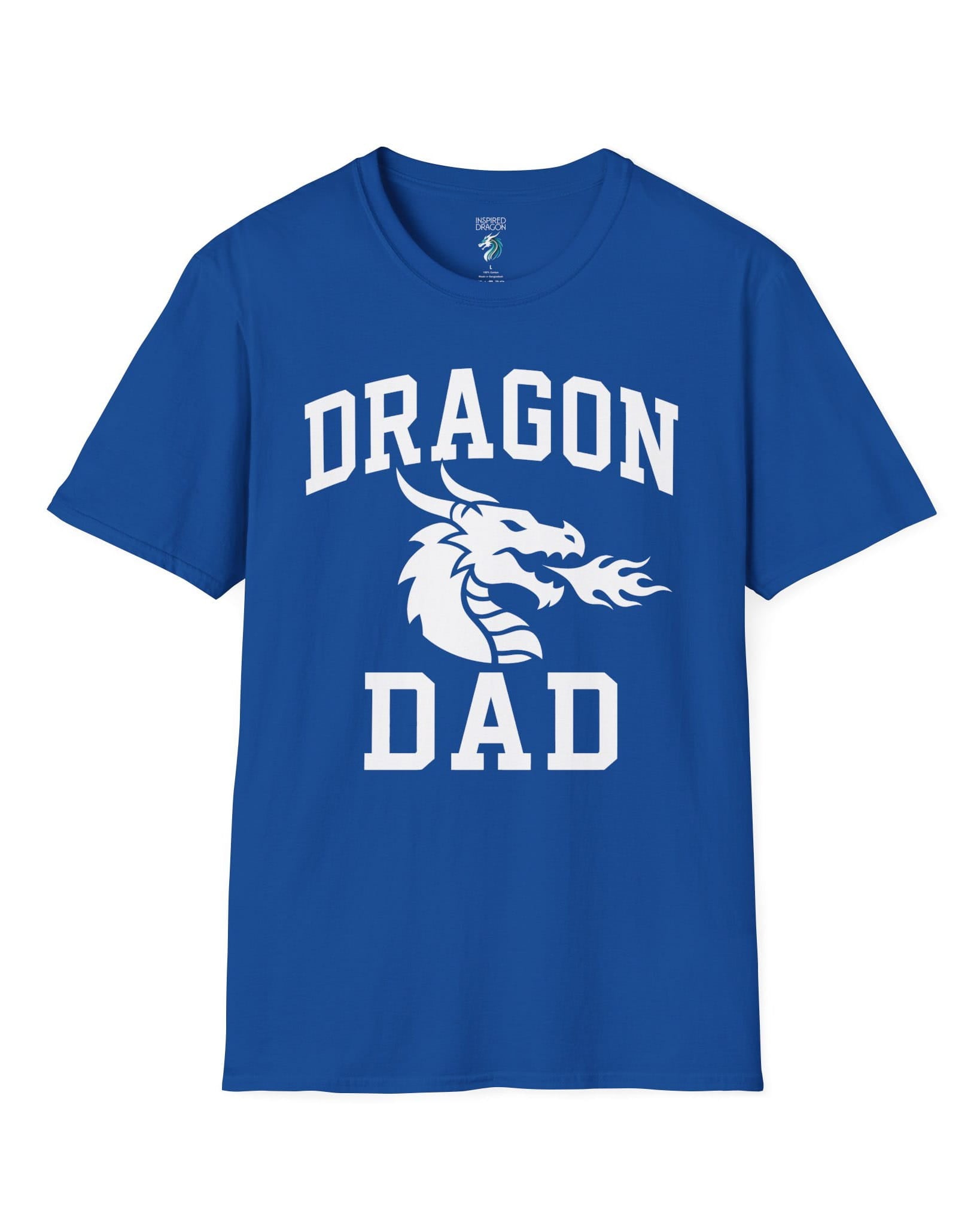 Dragon Dad shirt in royal blue with bold collegiate lettering and a minimalist dragon breathing fire emblem