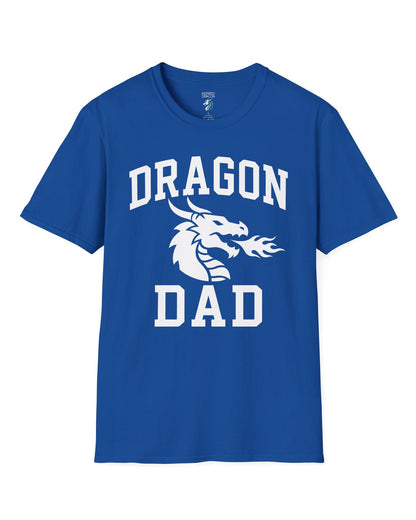 Dragon Dad shirt in royal blue with bold collegiate lettering and a minimalist dragon breathing fire emblem