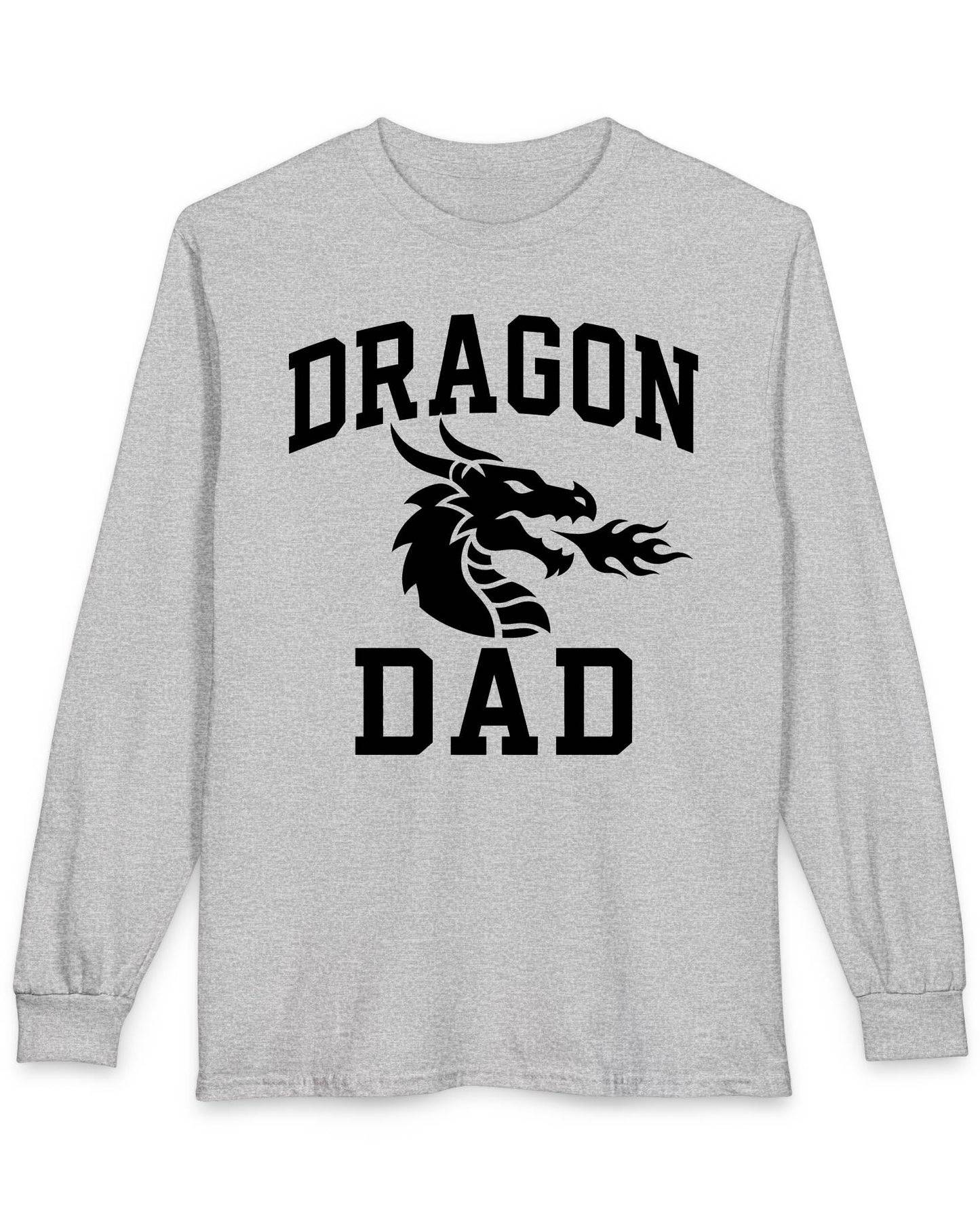Dragon Dad shirt in sport grey with bold collegiate lettering and a minimalist dragon breathing fire emblem