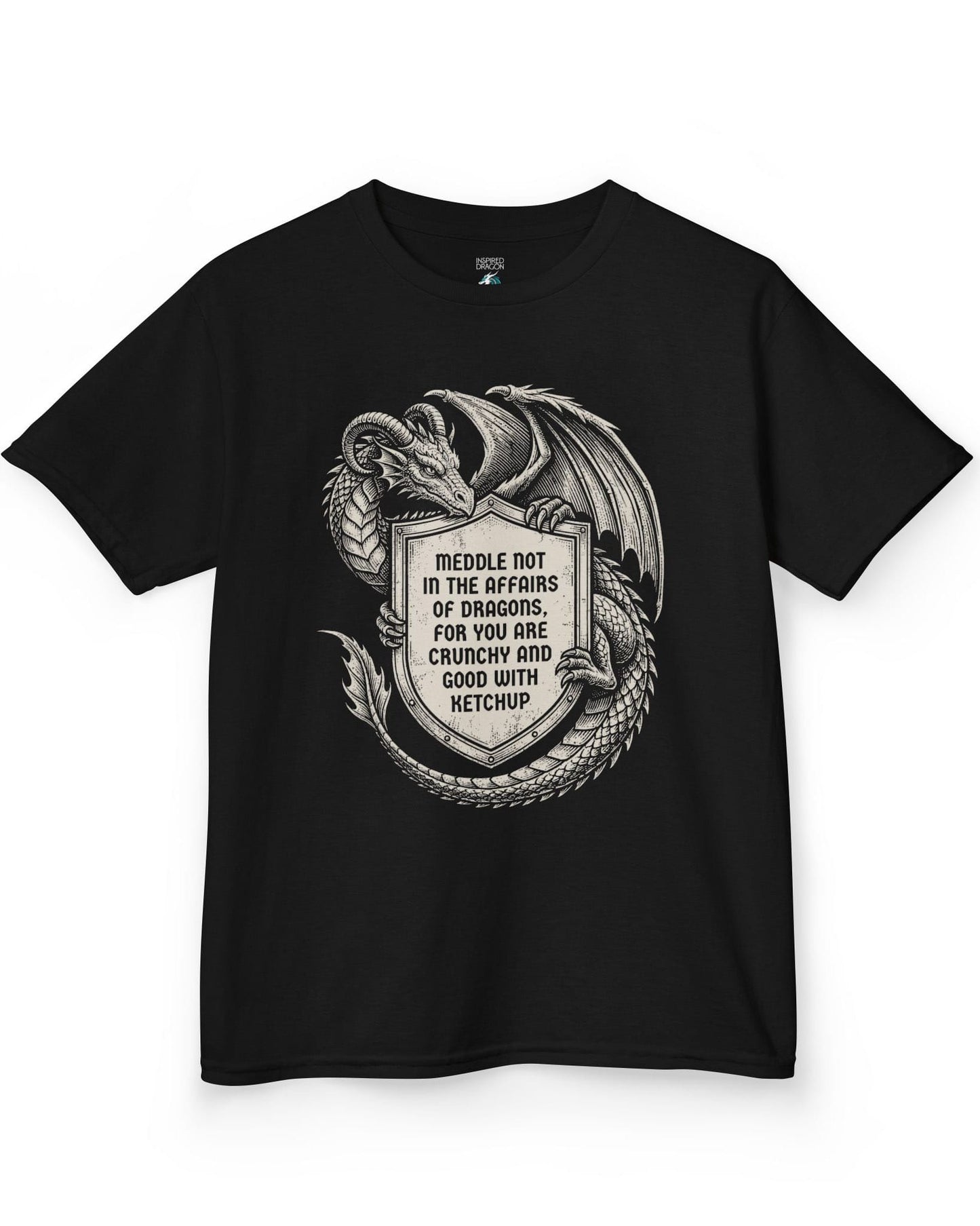 Meddle Not Shield shirt in black featuring vintage etched dragon art holding a crest with classic fantasy humor
