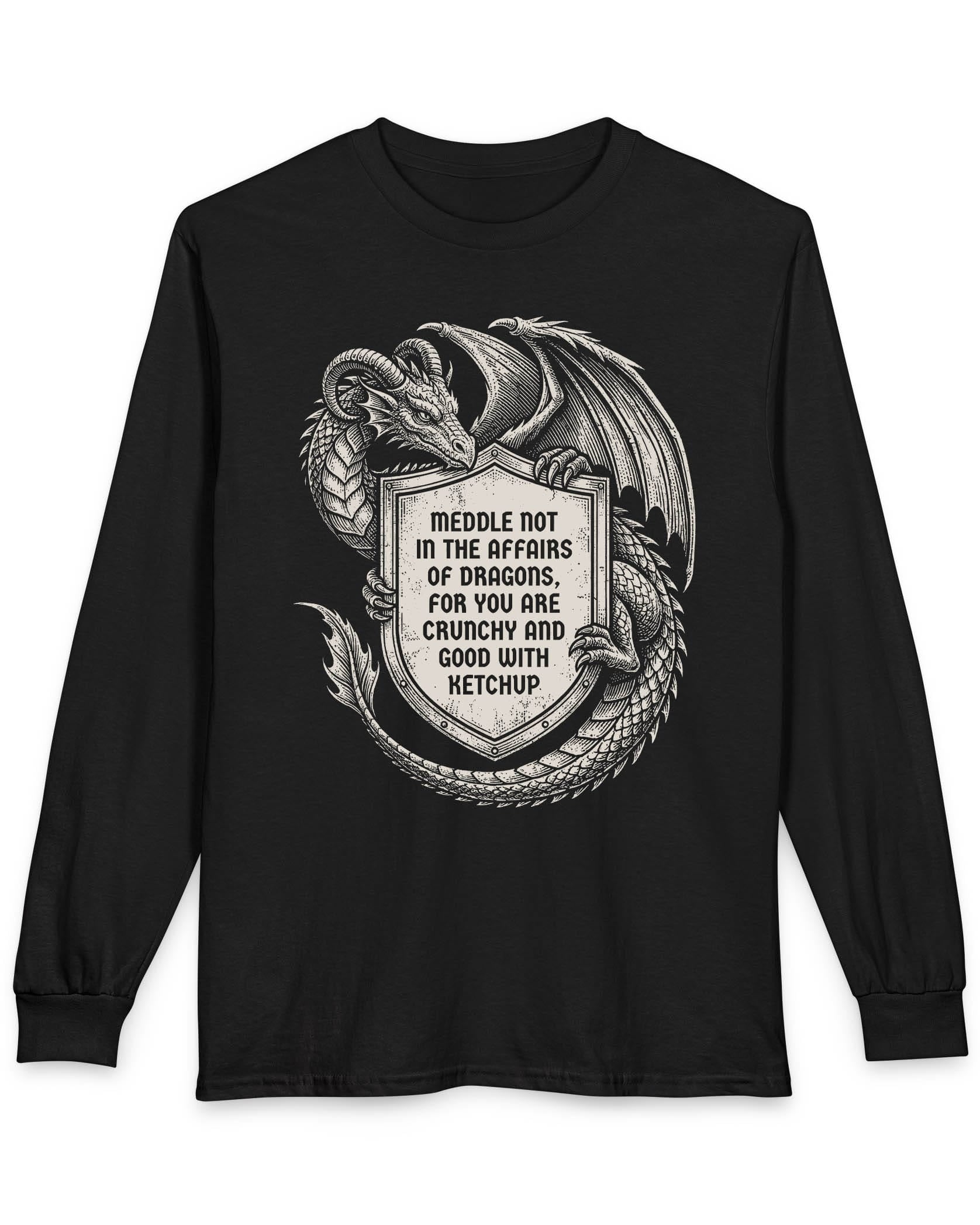 Meddle Not Shield shirt in black featuring vintage etched dragon art holding a crest with classic fantasy humor