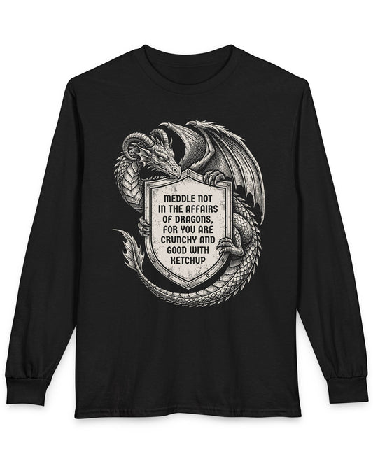 Meddle Not Shield shirt in black featuring vintage etched dragon art holding a crest with classic fantasy humor