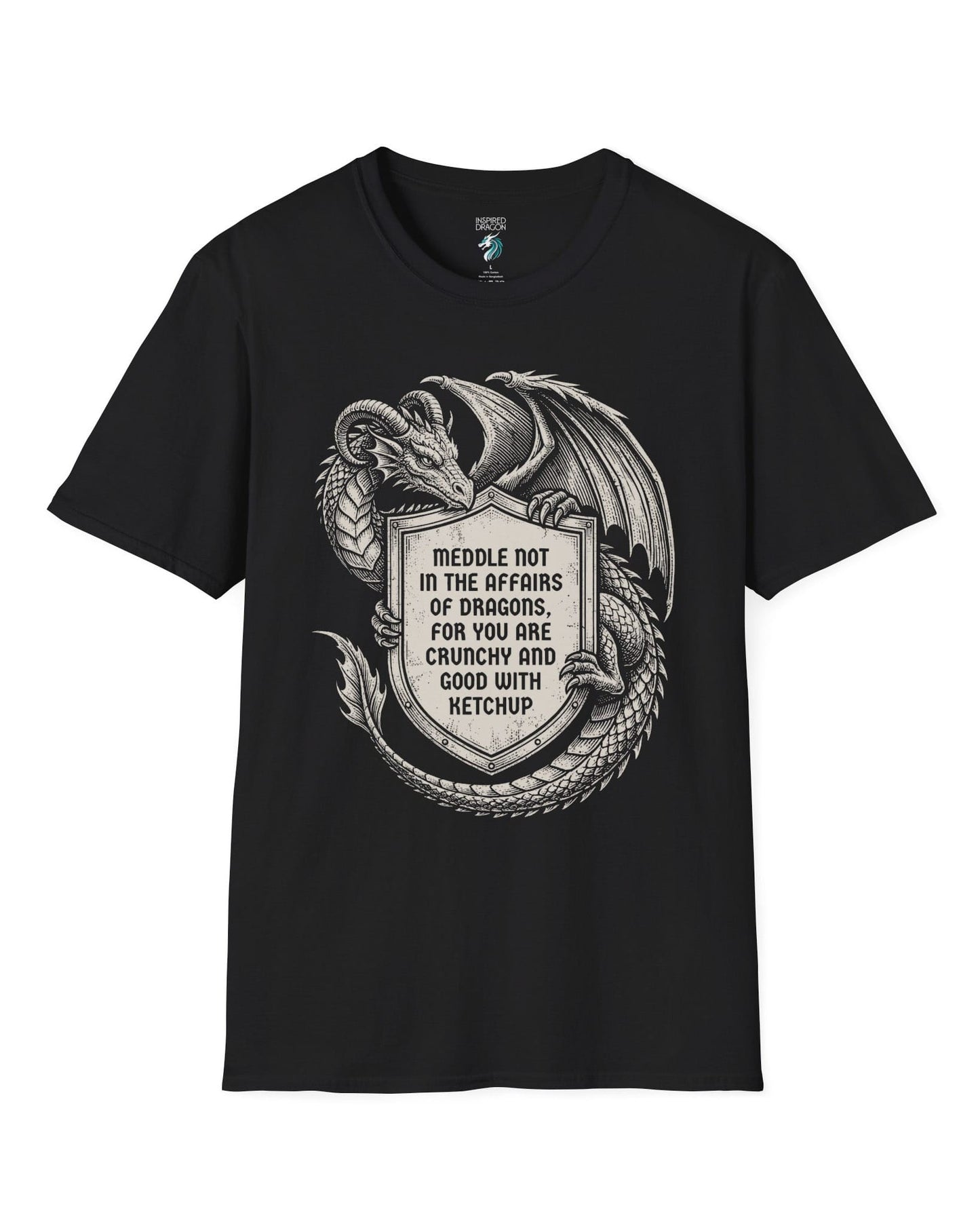 Meddle Not Shield shirt in black featuring vintage etched dragon art holding a crest with classic fantasy humor