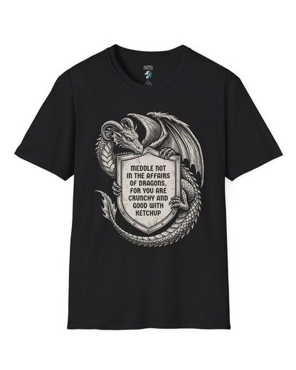 Meddle Not Shield shirt in black featuring vintage etched dragon art holding a crest with classic fantasy humor