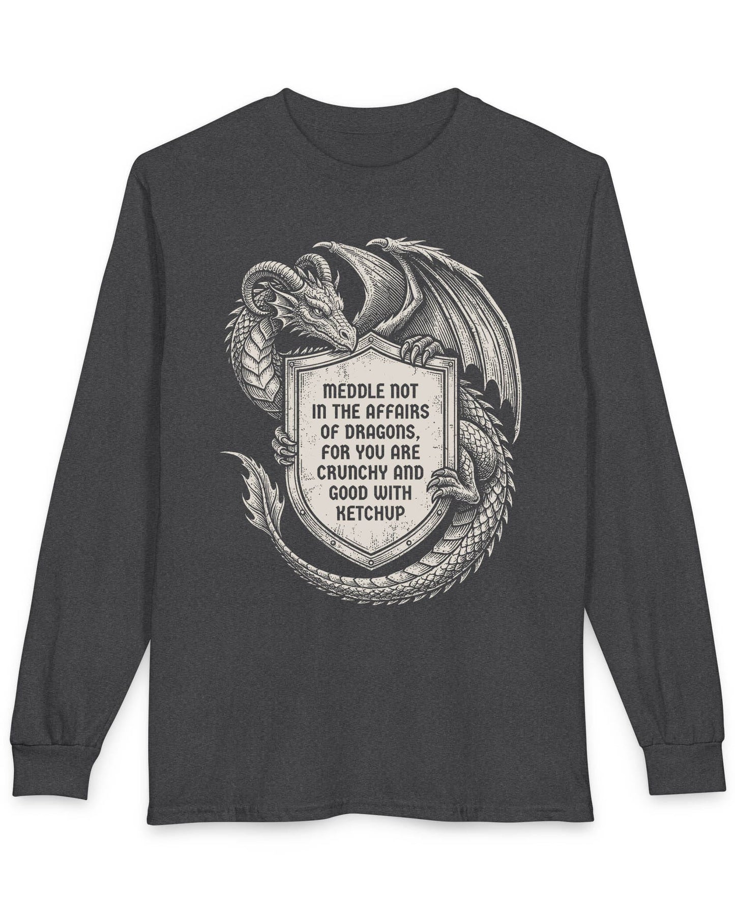 Meddle Not Shield shirt in dark heather featuring vintage etched dragon art holding a crest with classic fantasy humor