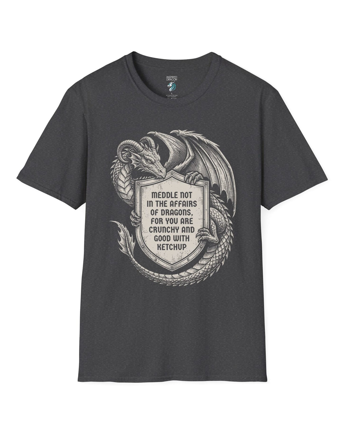 Meddle Not Shield shirt in dark heather featuring vintage etched dragon art holding a crest with classic fantasy humor