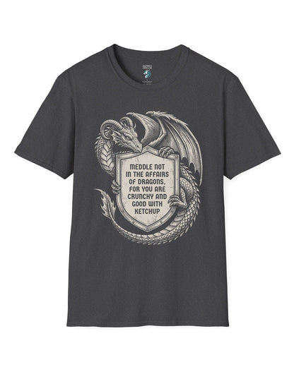 Meddle Not Shield shirt in dark heather featuring vintage etched dragon art holding a crest with classic fantasy humor