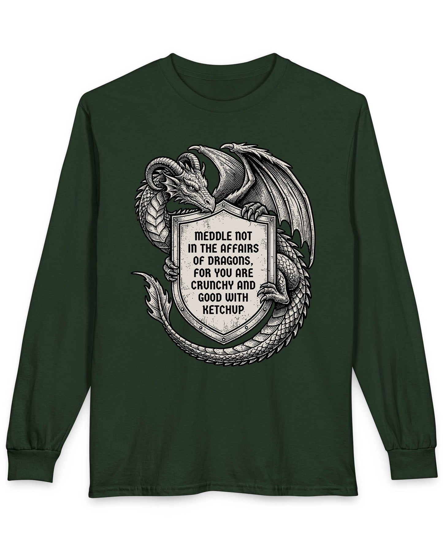 Meddle Not Shield shirt in forest green featuring vintage etched dragon art holding a crest with classic fantasy humor