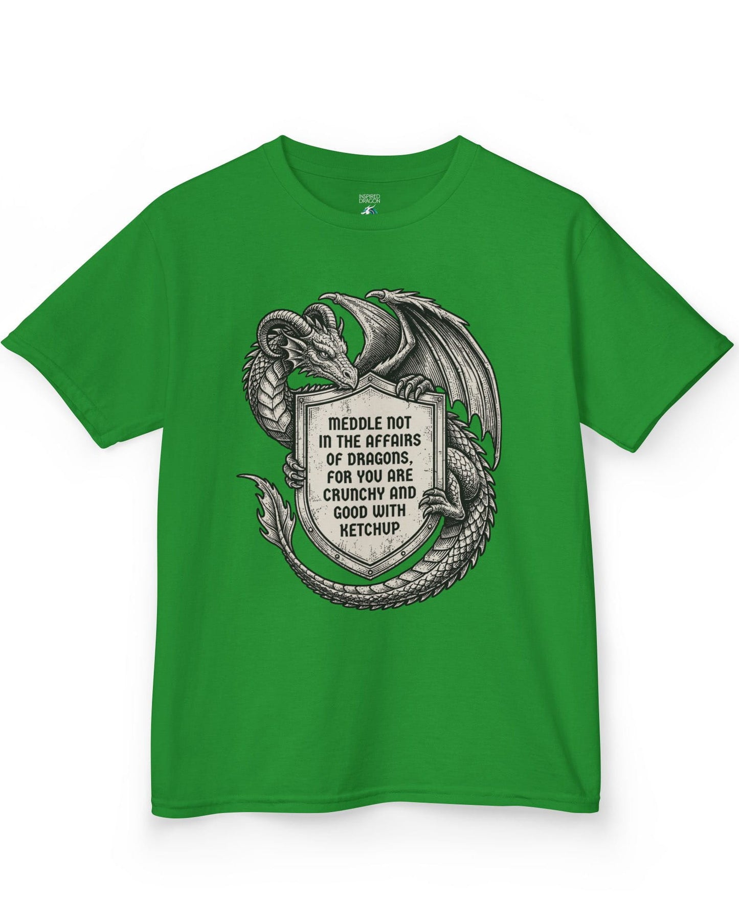 Meddle Not Shield shirt in Irish green featuring vintage etched dragon art holding a crest with classic fantasy humor