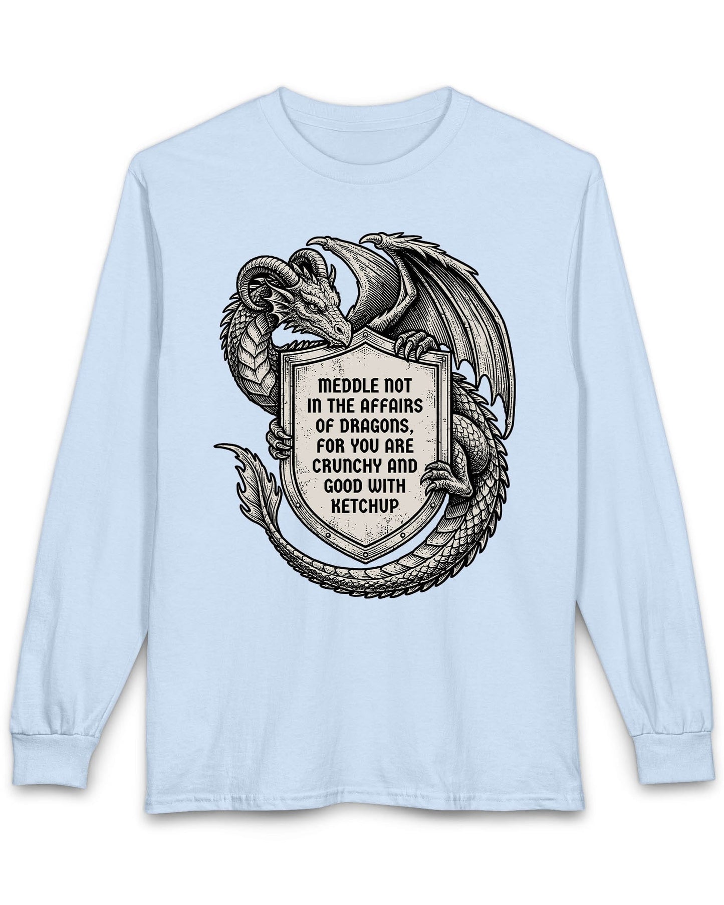 Meddle Not Shield shirt in light blue featuring vintage etched dragon art holding a crest with classic fantasy humor