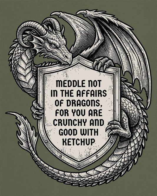 Meddle Not Shield shirt in military green featuring vintage etched dragon art holding a crest with classic fantasy humor