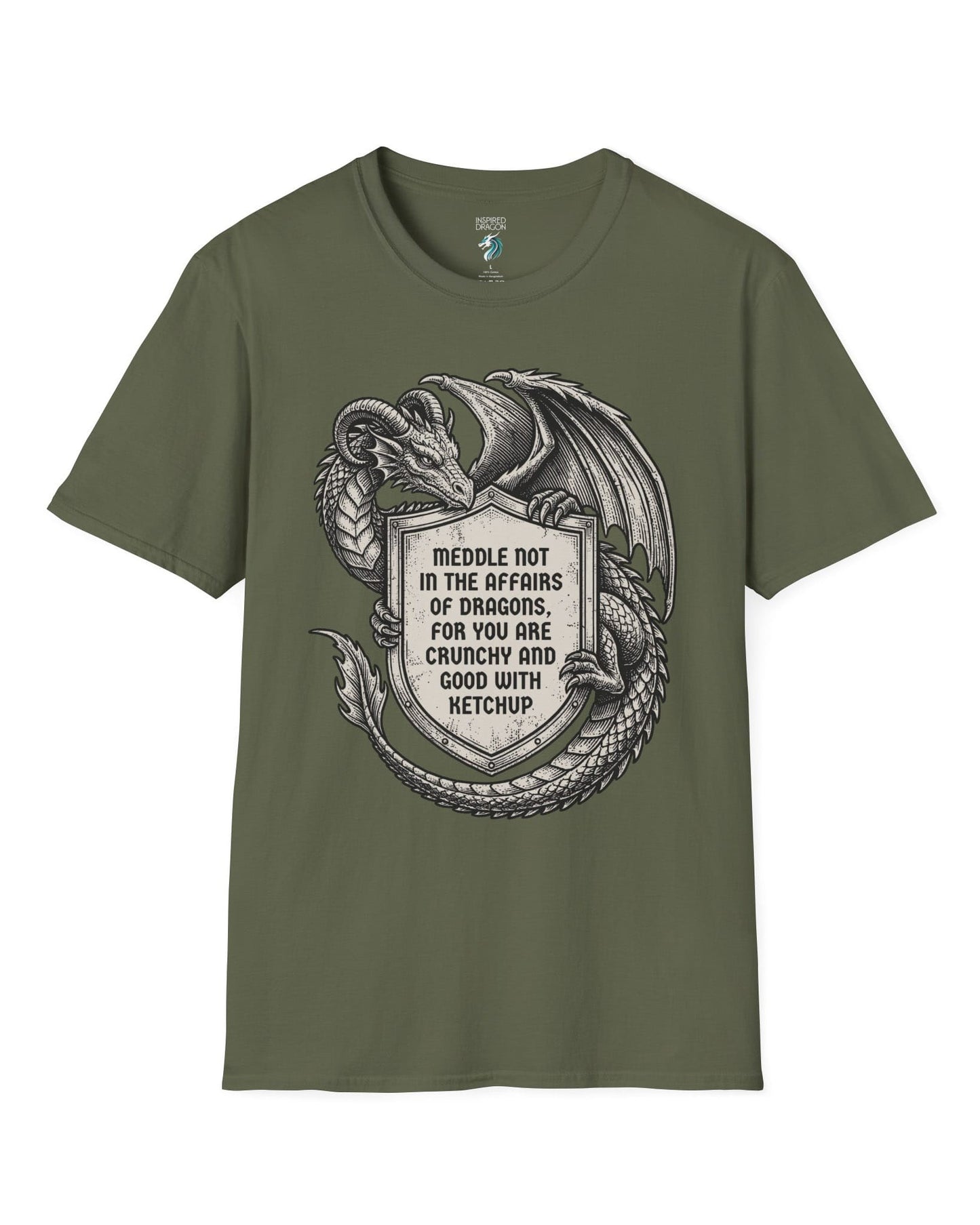 Meddle Not Shield shirt in military green featuring vintage etched dragon art holding a crest with classic fantasy humor