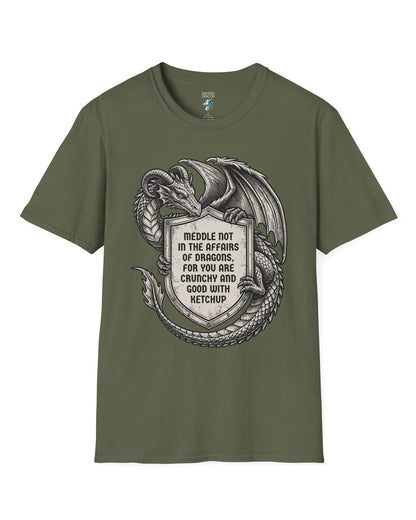 Meddle Not Shield shirt in military green featuring vintage etched dragon art holding a crest with classic fantasy humor