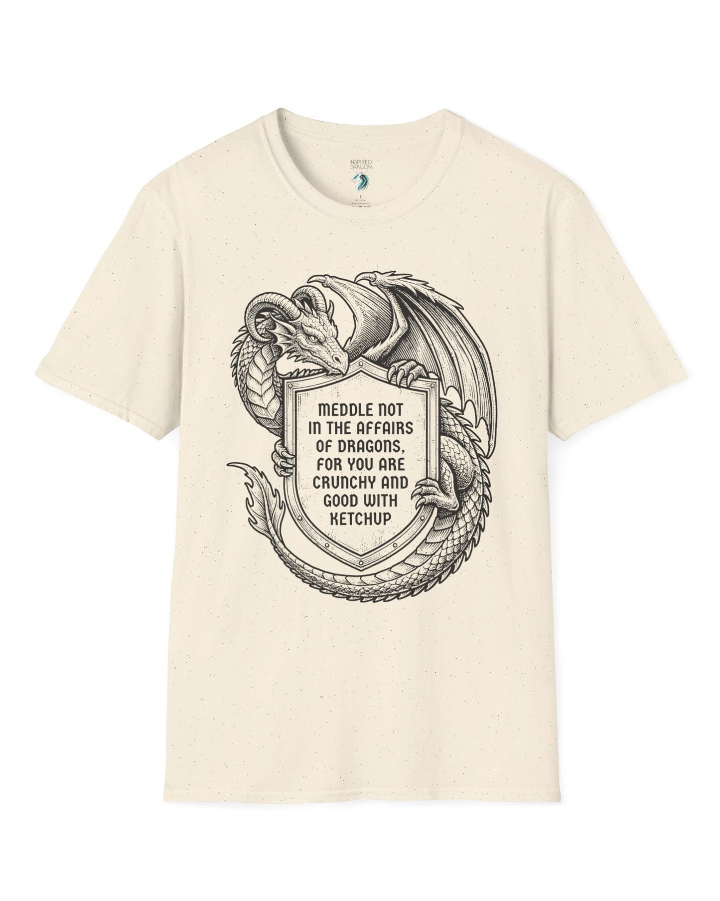 Meddle Not Shield shirt in natural featuring vintage etched dragon art holding a crest with classic fantasy humor