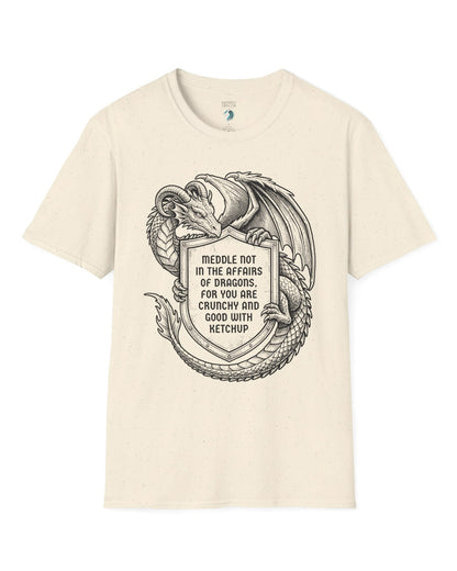 Meddle Not Shield shirt in natural featuring vintage etched dragon art holding a crest with classic fantasy humor