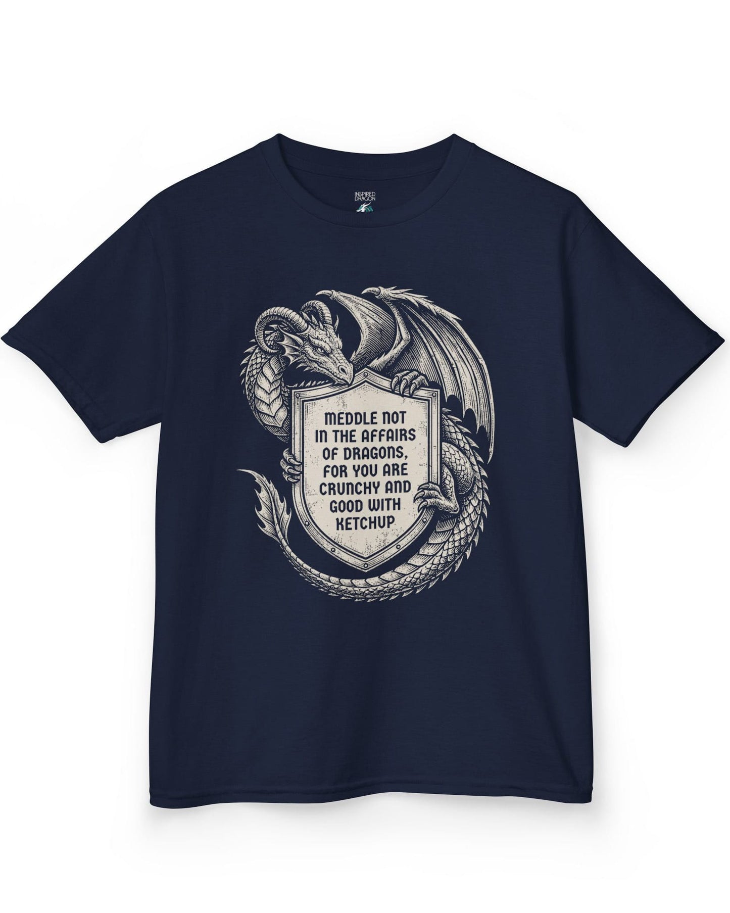 Meddle Not Shield shirt in navy featuring vintage etched dragon art holding a crest with classic fantasy humor