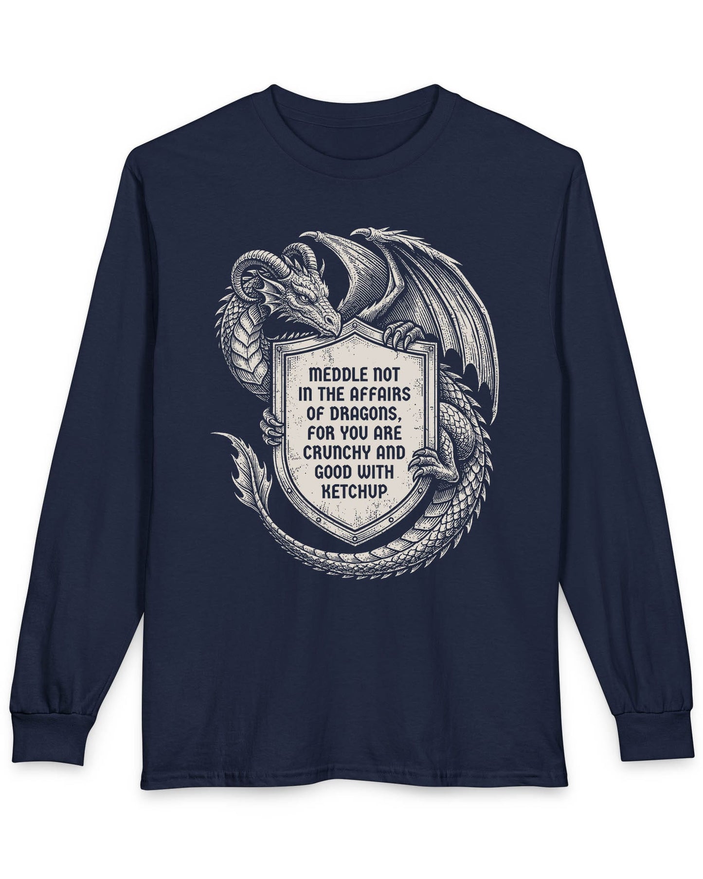 Meddle Not Shield shirt in navy featuring vintage etched dragon art holding a crest with classic fantasy humor