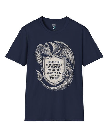 Meddle Not Shield shirt in navy featuring vintage etched dragon art holding a crest with classic fantasy humor