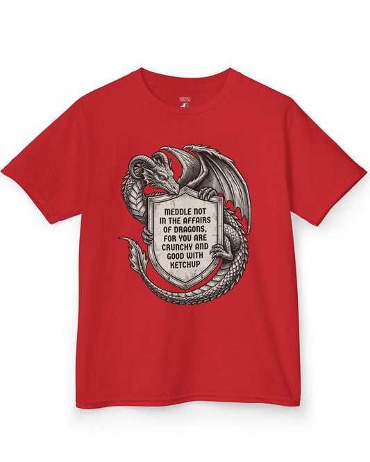 Meddle Not Shield shirt in red featuring vintage etched dragon art holding a crest with classic fantasy humor