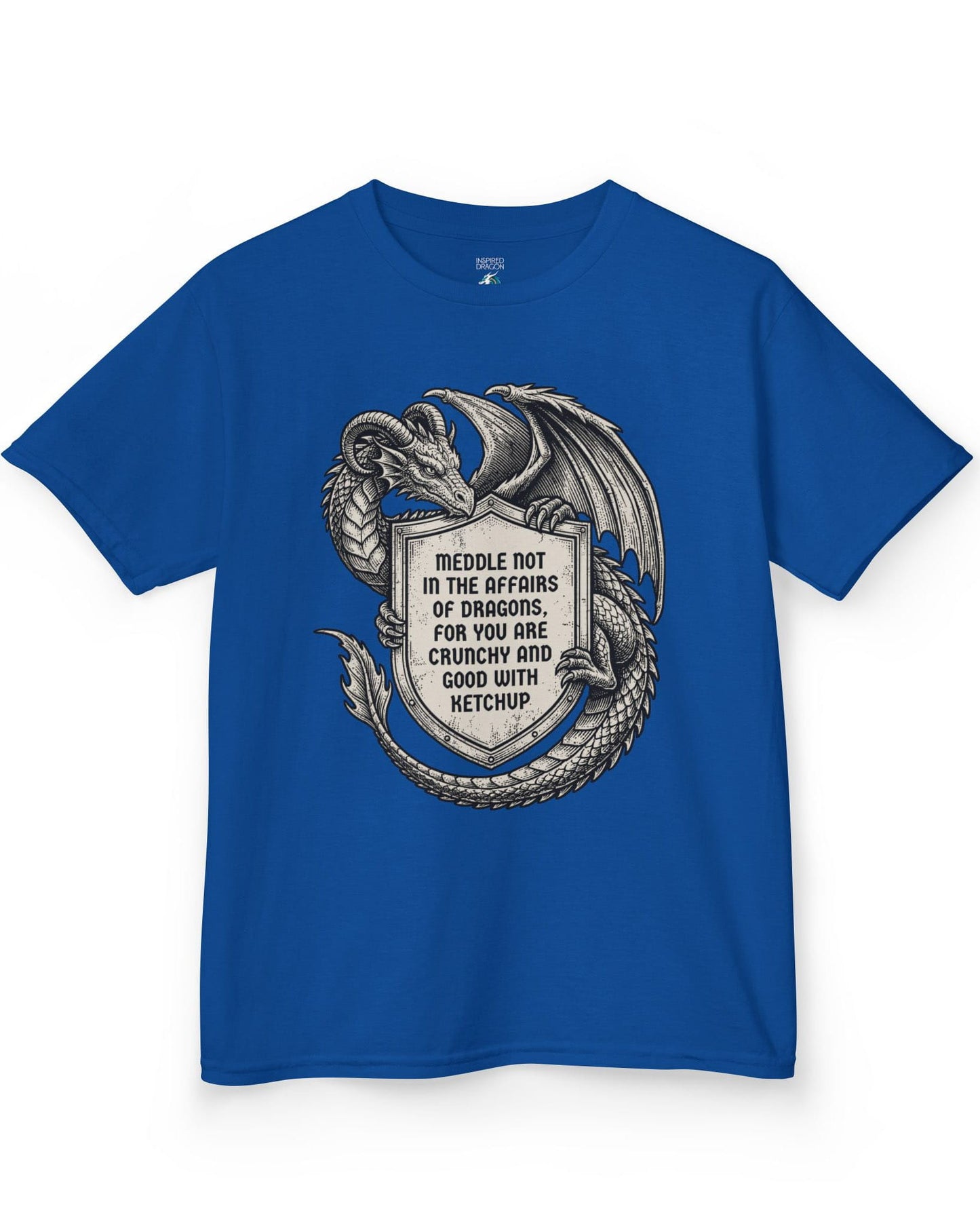 Meddle Not Shield shirt in royal blue featuring vintage etched dragon art holding a crest with classic fantasy humor