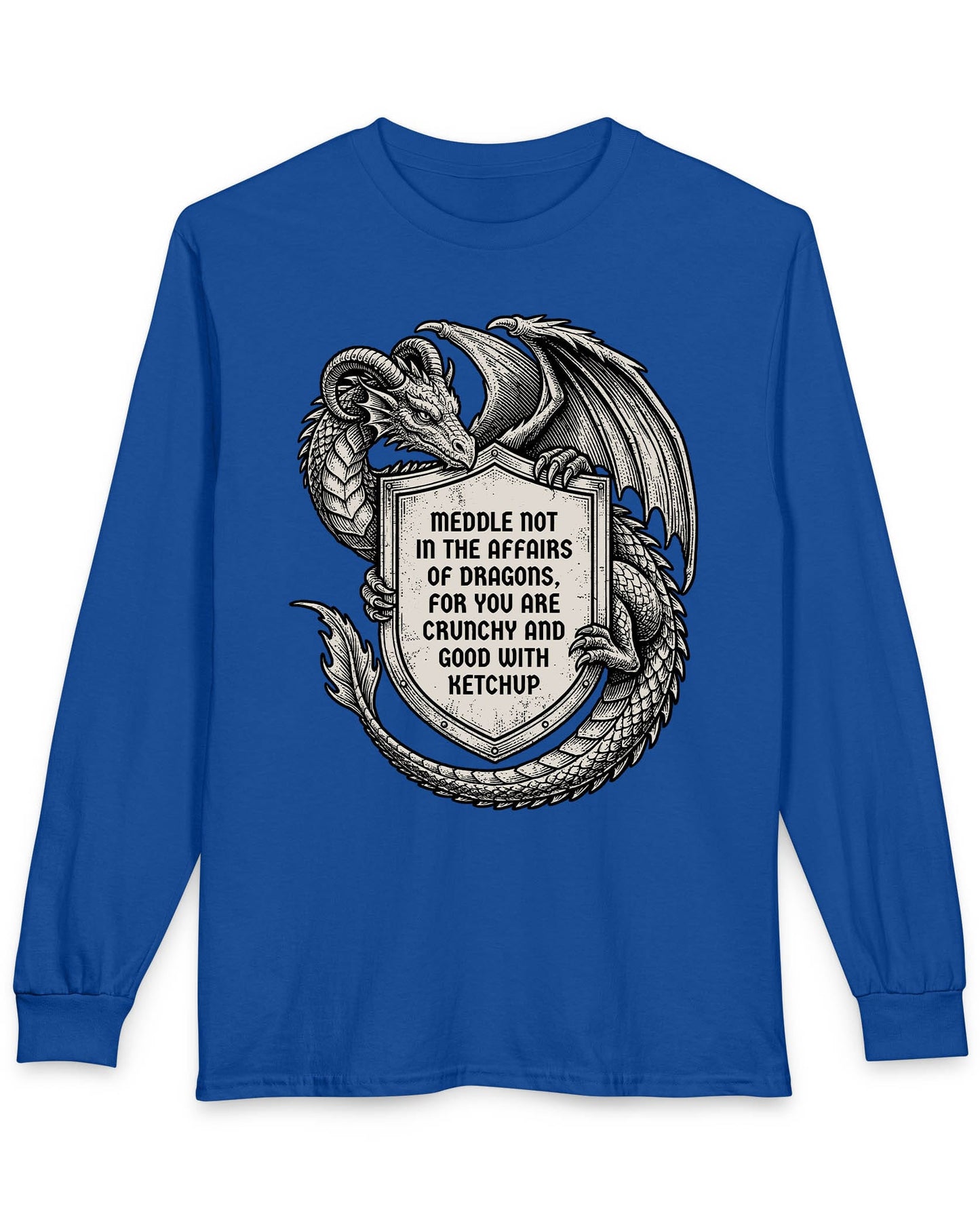 Meddle Not Shield shirt in royal blue featuring vintage etched dragon art holding a crest with classic fantasy humor