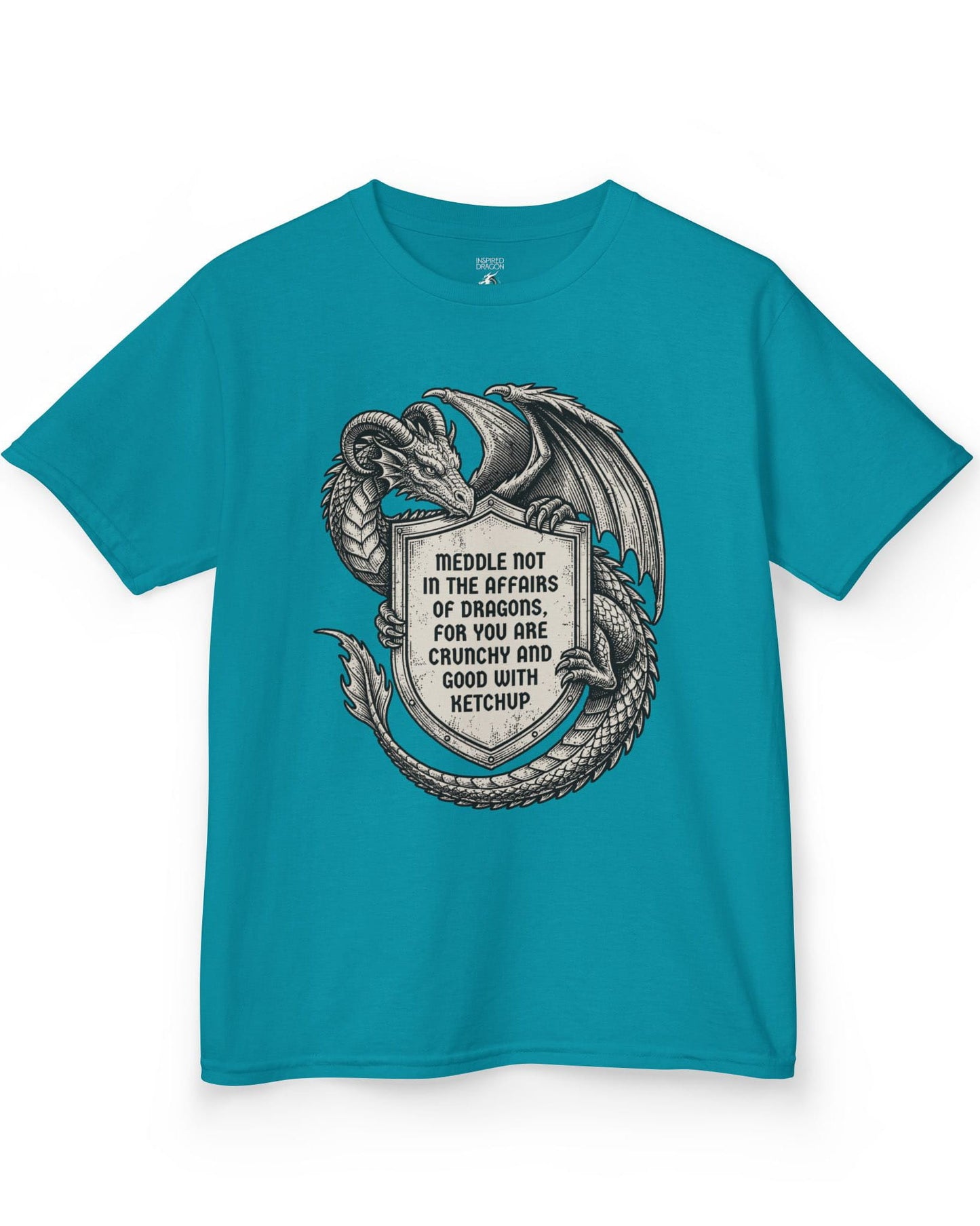 Meddle Not Shield shirt in tropical blue featuring vintage etched dragon art holding a crest with classic fantasy humor