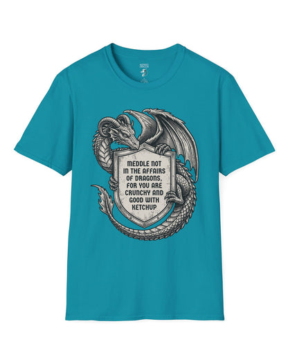 Meddle Not Shield shirt in tropical blue featuring vintage etched dragon art holding a crest with classic fantasy humor
