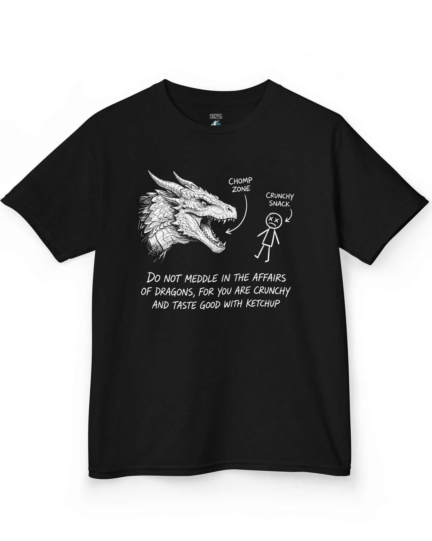 Do Not Meddle Sketch tee in black with hand-drawn dragon, funny stick figure, and a crunchy warning punchline