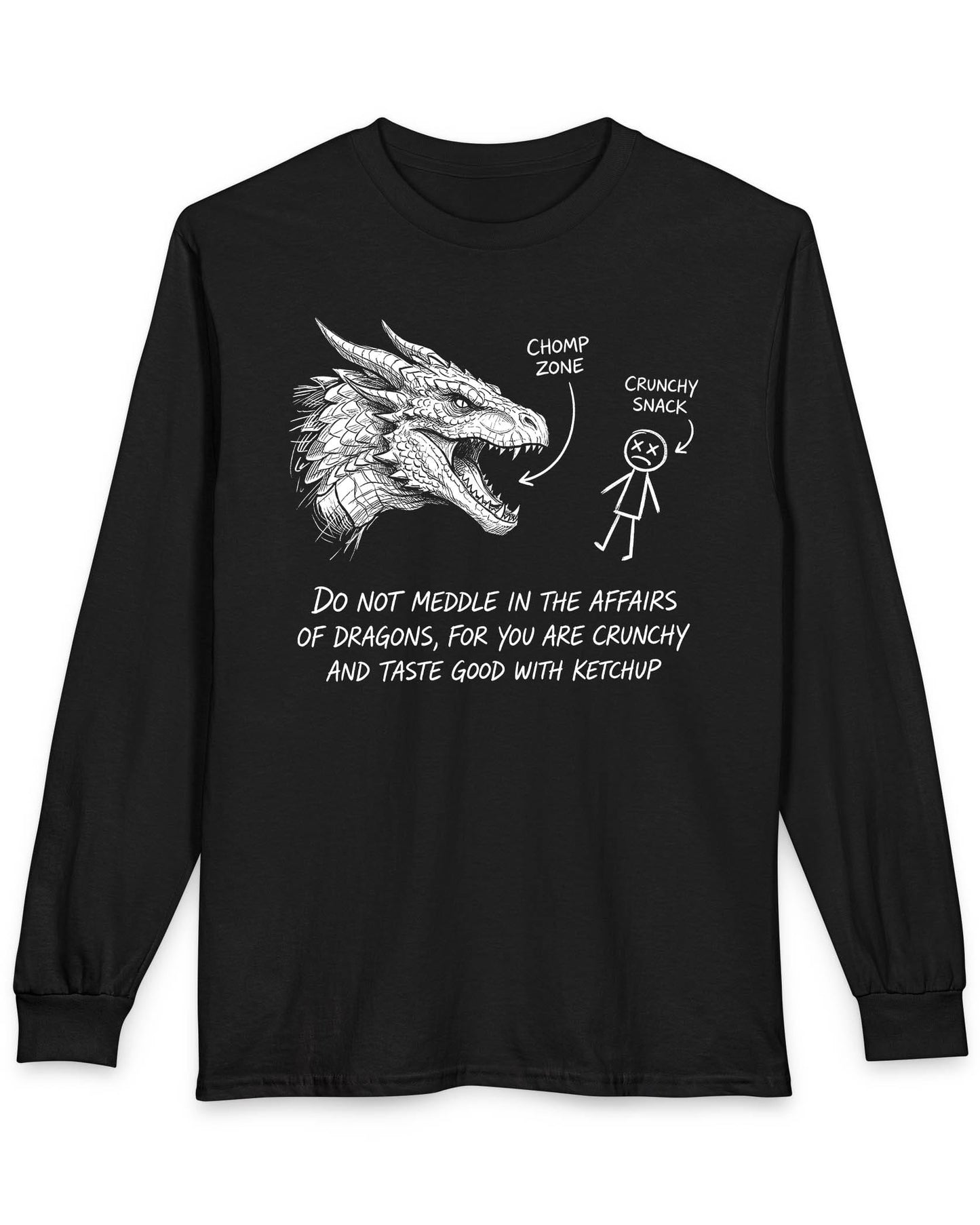 Do Not Meddle Sketch tee in black with hand-drawn dragon, funny stick figure, and a crunchy warning punchline